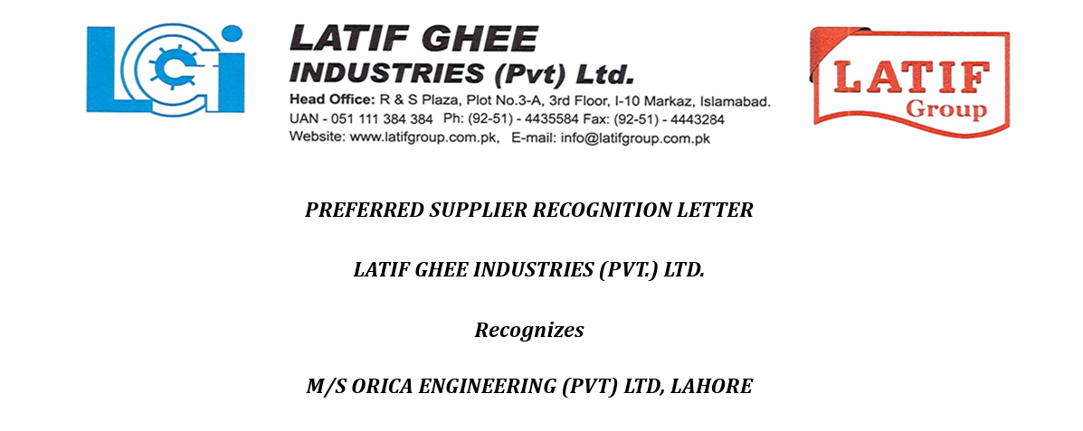 Preferred supplier recognition letter from Latif Ghee Industries to Orica Engineering, October 2026